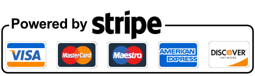 Powered by Stripe; Visa, Mastercard, Maestro, American Express and Discover accepted